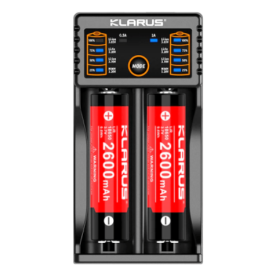 KLARUS KL-K2 inteligentná duálna nabíjačka batérií, LED displej, USB-C, funkcia powerbanky